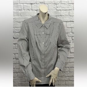 ISAAC MIZRAHI LIVE! GREEN & WHITE STRIPED RUFFLED FRONT LONG SLEEVE TOP SIZE 14